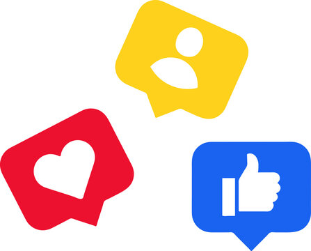Social media icon reactions, love, like, thumbs up, add friend and notification