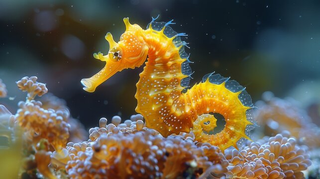 Underwater photo of a yellow female Common Seahorse (Hippocampus Taeniopterus).
