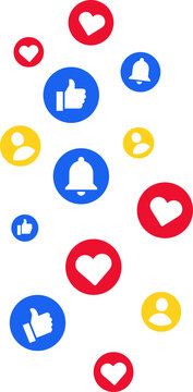 Social media icon reactions, love, like, thumbs up, add friend and notification