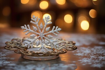 Fototapeta na wymiar Snowflake ornament on a vintage tray.