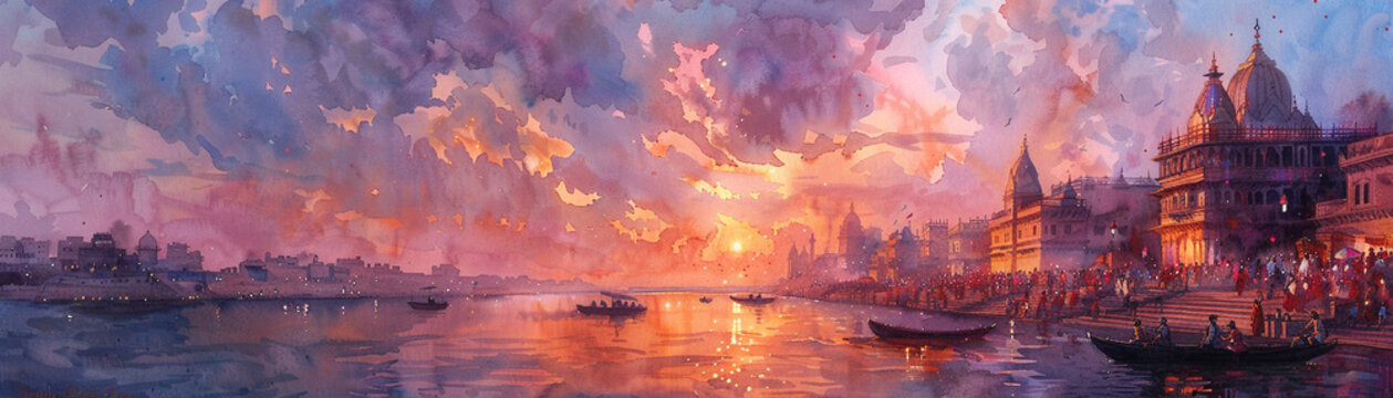 Panoramic watercolor of Holi celebration with a vibrant sunset over the Ganges River