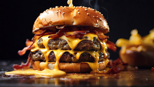 A closeup image of a bacon cheeseburger
