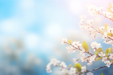 Sky of pure serenity, blooming with springtime beauty, This dreamy background features soft, blurred sunshine against a vibrant blue canvas