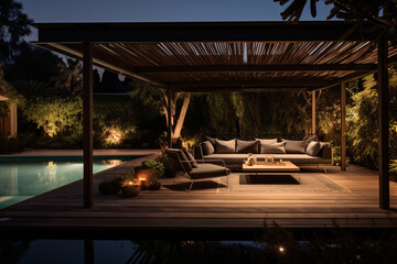 Obraz premium Outdoor luxury with this stunning garden scene. A teak deck under a black pergola, beside a sparkling pool