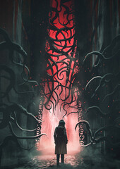 A woman in a coat standing in front of an entrance filled with strange black thorny roots, digital art style, illustration painting 