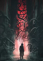 Foto auf Acrylglas Großer Misserfolg A woman in a coat standing in front of an entrance filled with strange black thorny roots, digital art style, illustration painting 