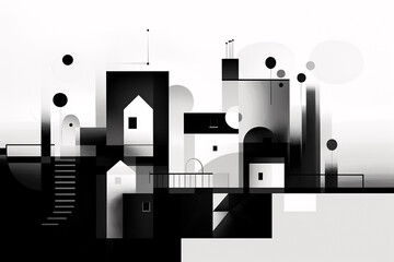 Abstract geometric art print featuring a black and white cityscape. Perfect for modern interiors