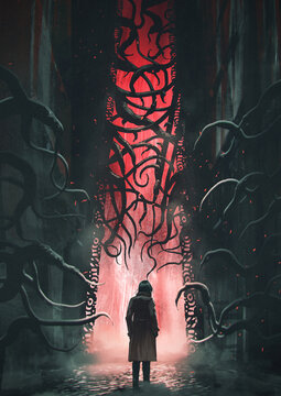 Fototapeta A woman in a coat standing in front of an entrance filled with strange black thorny roots, digital art style, illustration painting 