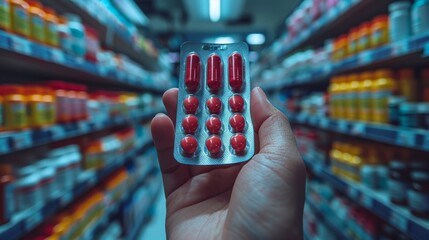 In a pharmacy drugstore, a hand holds a medicine capsule pack. - obrazy, fototapety, plakaty