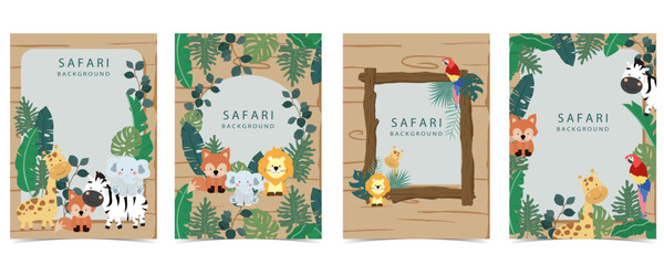 safari banner with giraffe,elephant,zebra,fox and leaf frame.vector illustration for a4 design