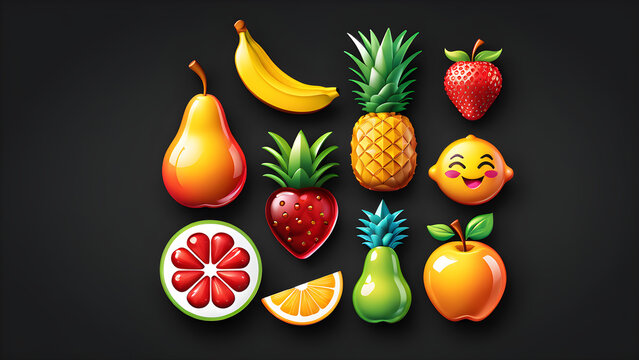 fruits. a food and fruit emoji illustration on a black background. cartoon clip art of healthy fruits on a black background. cartoon face fruits