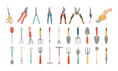 Set of garden tools. Scissors, pruner, shovel, rake, pitchfork. Hand drawn vector illustration.
