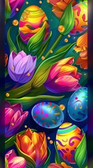 A bunch of colorful easter eggs on a blue background