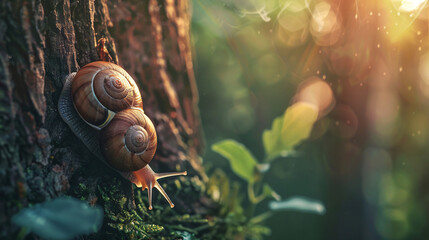 Largesized brown snail crawling on a tree feeding - obrazy, fototapety, plakaty