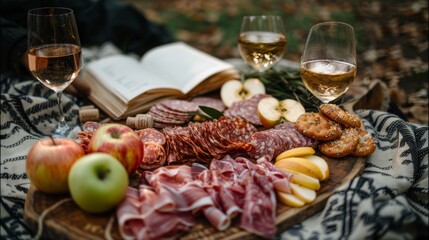 Fototapeta premium A platter of meats, cheese, apples, and bread