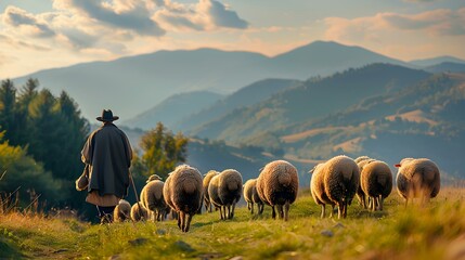 Sheep guided by shepherd on rolling hills in countryside landscape scene. Concept Nature, Animals, Countryside View, Shepherd, Sheep