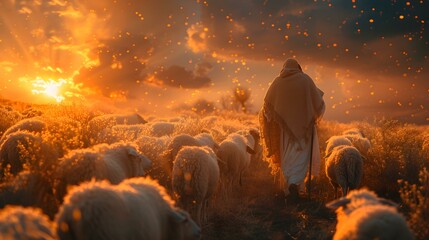 Shepherd Jesus guides flock and prays in illuminated field under heavens light. Concept Religious...