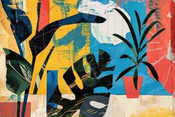 Bold, abstract depiction of tropical leaves with a colorful and dynamic composition in a modern artistic expression