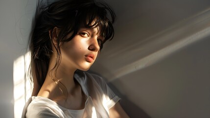 Naklejka premium Woman in Soft Light with Thoughtful Expression