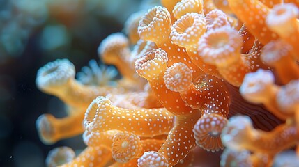 In a saltwater aquarium, a macro photo shows tiny polyps of Montipora sps coral - obrazy, fototapety, plakaty