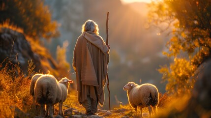 Shepherd with shepherd's staff surrounded by sheep in tranquil countryside landscape. Concept...