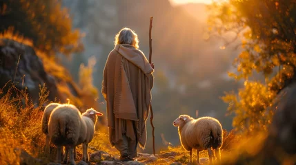 Poster Shepherd with shepherd's staff surrounded by sheep in tranquil countryside landscape. Concept Nature, Animal, Shepherd, Countryside, Tranquility © Anastasiia