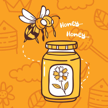 Bee and honey cartoon poster illustration