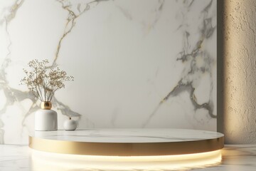 white marble Podium stand studio room luxury gold color background 3d pedestal platform background. Premium golden light scene luxurious  style floor stage modern mockup base. with a vase tree