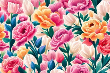 colorful flowery background with variety of flowers including roses, tulips