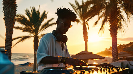 Trendy black man African American DJ with a stylish hairstyle spins tunes at a beach party, plays...