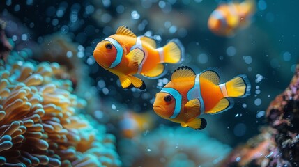 Naklejka na ściany i meble A blue anemone hosts two clownfish underwater