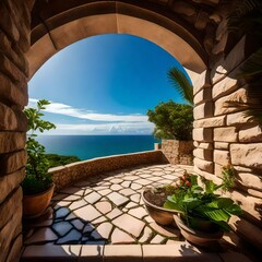 Image of Ocean view through window of brown stone tower with plants beside sidewalk under cloudy blue sky.