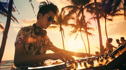 Trendy Asian DJ with a stylish hairstyle spins tunes at a beach party, plays music in a resort hotel at sunset. Seaside vibes, palm trees, relaxed atmosphere, Hawaiian shirt - obrazy, fototapety, plakaty