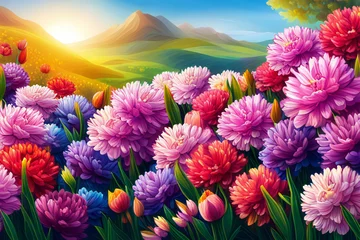 Fototapeten A field of flowers with bright sun in background © Екатерина Переславце