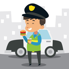 Cute little police officer eating a burger