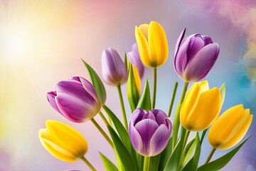 A bouquet yellow and purple tulips with a blue background