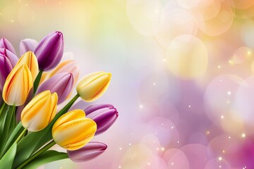 A bouquet tulips with purple and yellow flower in the middle