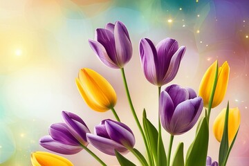 A bouquet purple and yellow tulips with a bright blue background