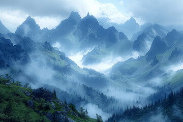 Mystical Mountain Range Shrouded in Mist