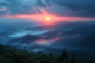 Fototapeta na wymiar Sunrise Over Misty Blue Mountain Ranges