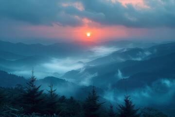 Fototapeta na wymiar Sunlight Piercing Through Mist in Mountain Valley