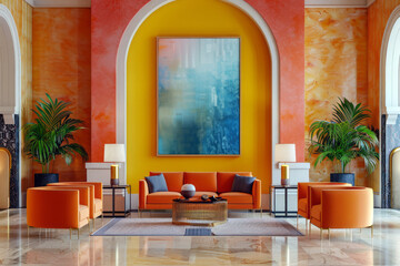 Elegant boutique hotel lobby with bold art, vibrant furniture, and lush indoor plants. Hotel lobby with orange sofas, yellow wall, and modern art.
