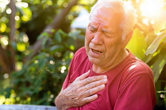 Senior man experiencing chest pain in an outdoor setting, reflecting health concerns and emergency response