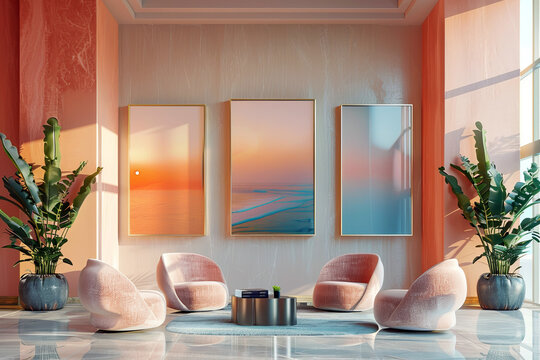 Elegant boutique hotel lobby with bold art, vibrant furniture, and lush indoor plants. Hotel lobby with orange sofas, yellow wall, and modern art.