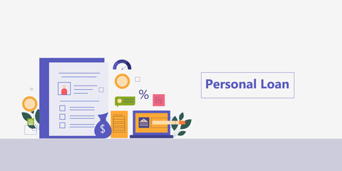 Applying for personal loan, Personal loan approval, Bank documents for personal loan application, bank loan interest rate, vector background landing page - obrazy, fototapety, plakaty