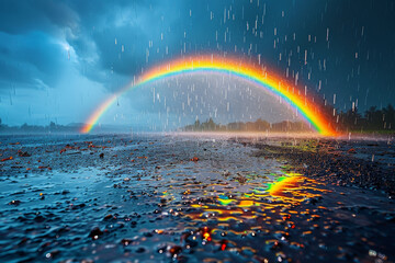 Dramatic Rainfall with Vivid Rainbow