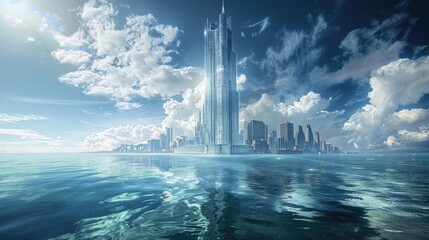 Incredible crystal skyscraper rising above the water's surface, impressing with its transparent and grand view. Surreal cityscape presents a skyscraper that transcends above and below the waterline