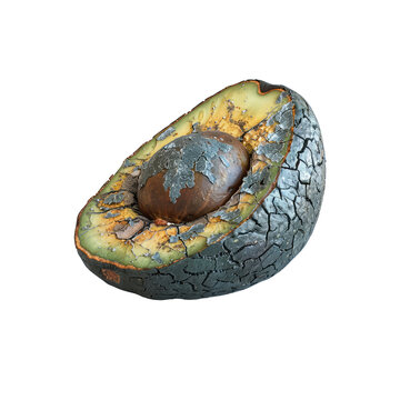 avocado, half of the avocado is wrinkled and rotten isolated on transparent background