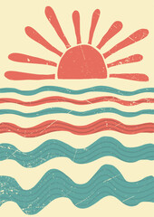 abstract summer landscape, sea, sun, waves. Paradise vacation in nature, the ocean in a minimalist retro style. hand drawn poster, banner, background. for printing, wall art. art vector illustration.