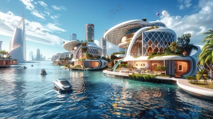 Oceanic Futurism - Floating Architectural Wonder. Floating Futuristic City. A vision of the future materializes with a floating architectural complex - obrazy, fototapety, plakaty